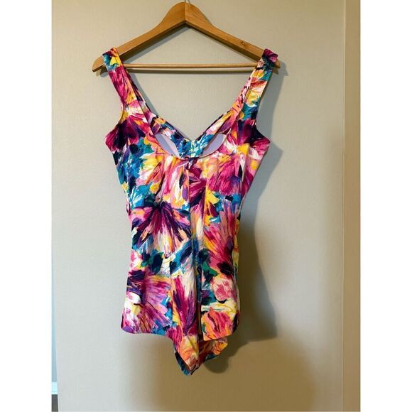Maxine Of Hollywood Sz 14 Shirred One Piece Swimsuit Sunburst Colorful Tropical - Picture 5 of 7